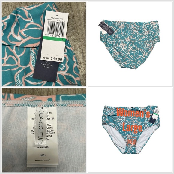 Aqua Couture Large Swim Bikini Bottom Hipster Flowers Tropical Teal Swimwear NWT - Picture 1 of 8